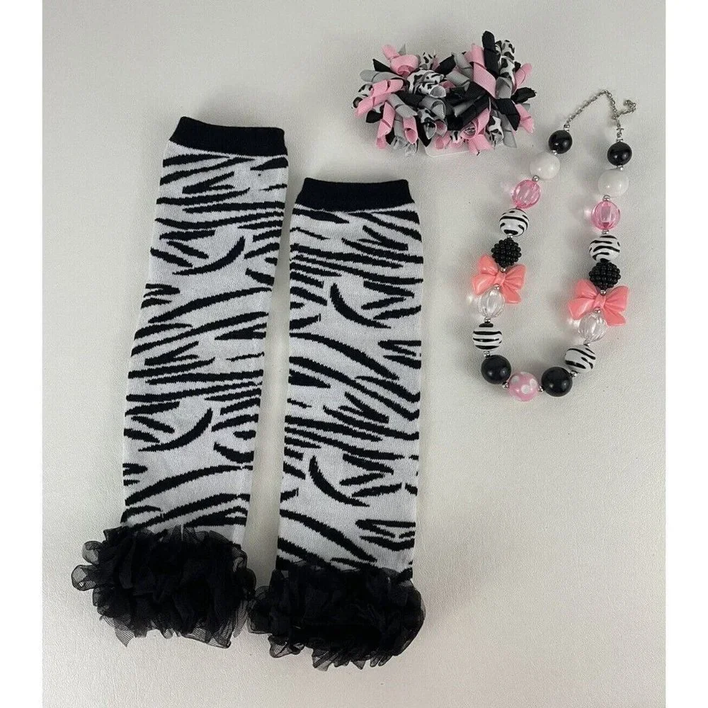 Girls Sz 2 3 4 Set Pink Zebra Print Necklace Barrettes Leg Covers 3 Pc Lot New